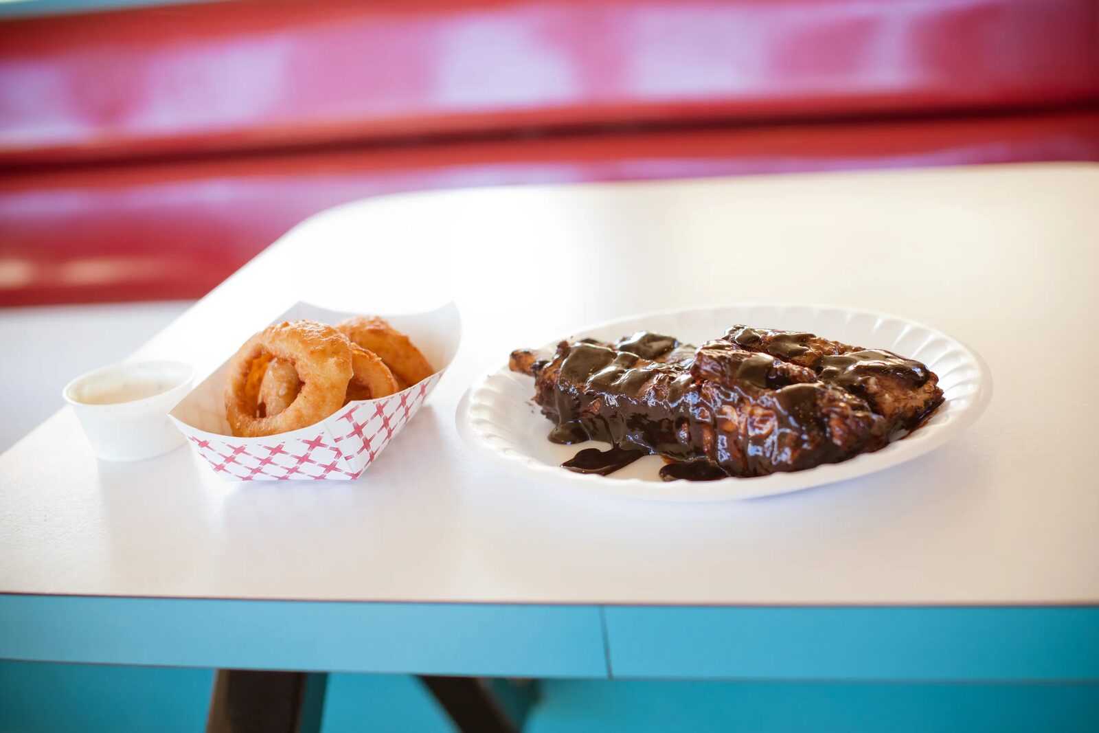 Fall-off-the-bone ribs with onion rings